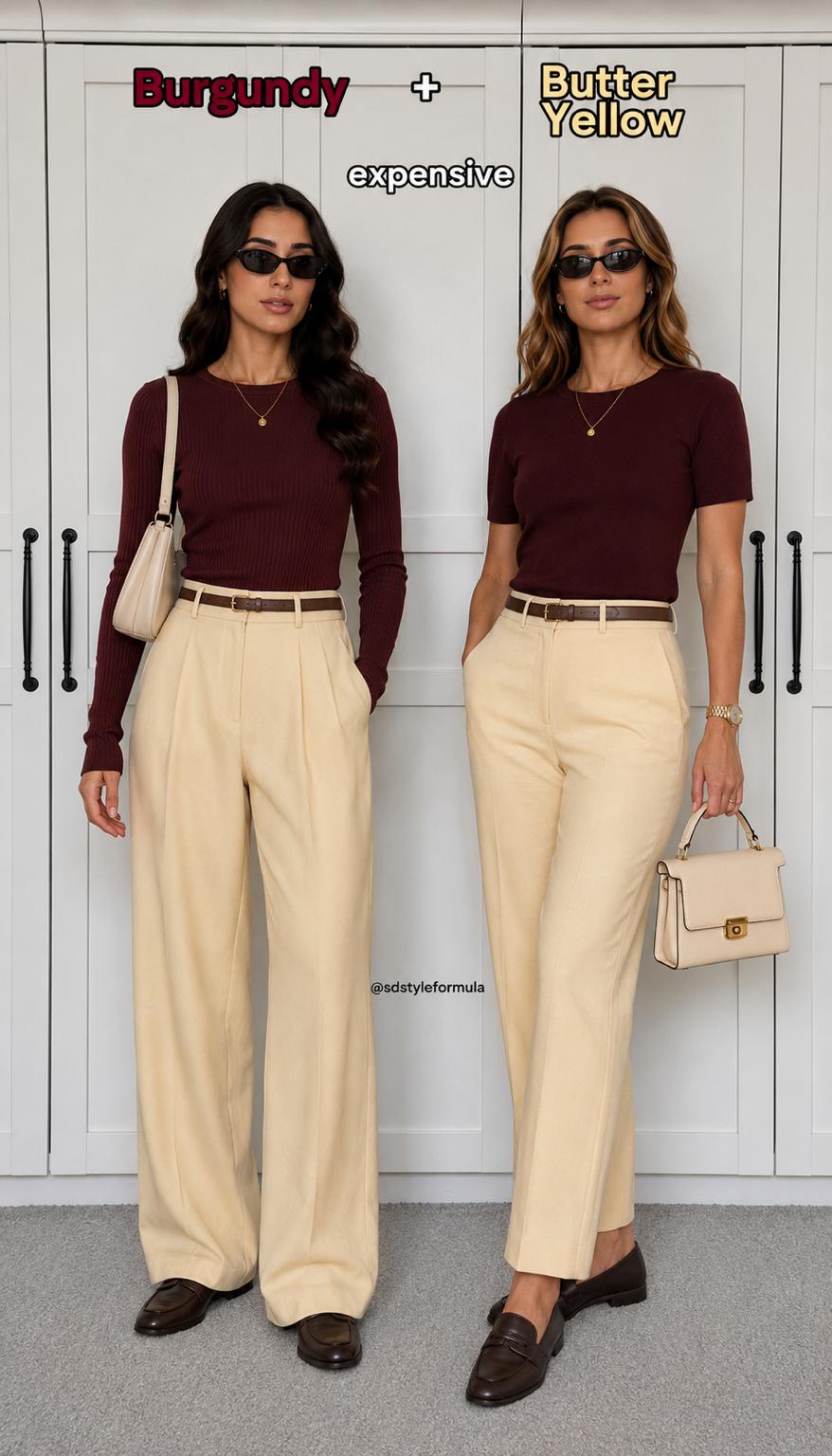 Two outfit formulas: burgundy top with butter yellow trousers, styled two ways