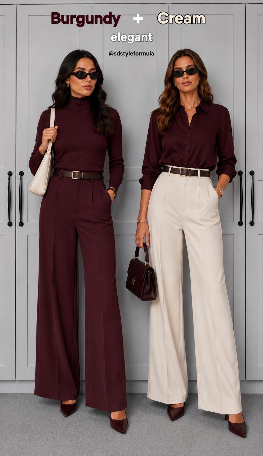 Two outfit formulas pairing burgundy with cream wide-leg trousers