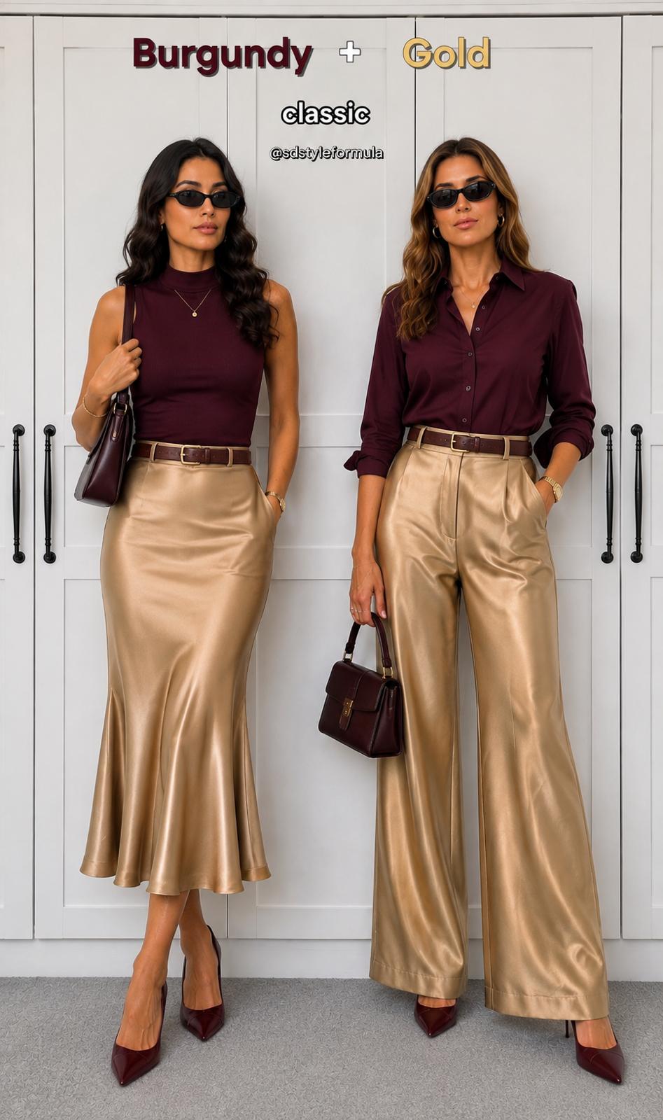 Two outfit formulas pairing burgundy tops with satin gold skirt and trousers