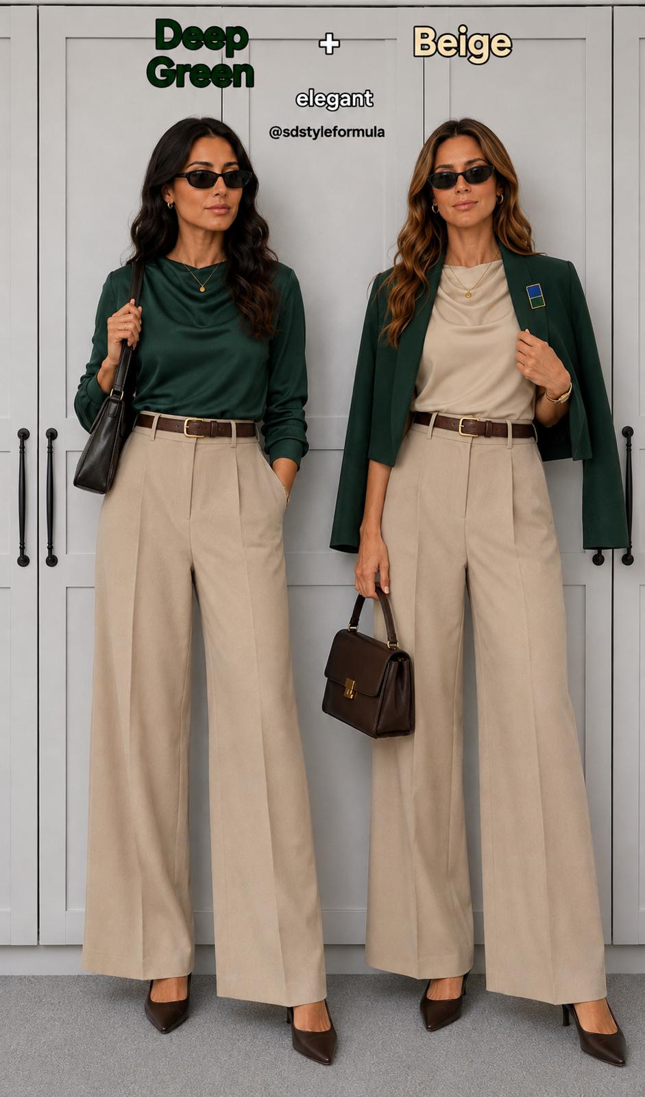 Two outfit formulas pairing deep green with beige tailored trousers